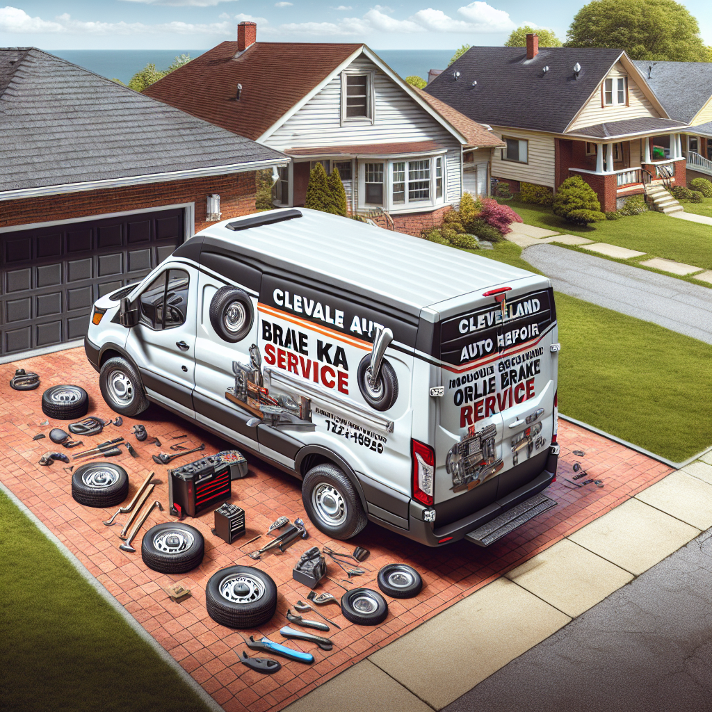 Cleveland Auto Repair's mobile brake service van parked in a driveway, showcasing tools and equipment for on-site brake replacement.