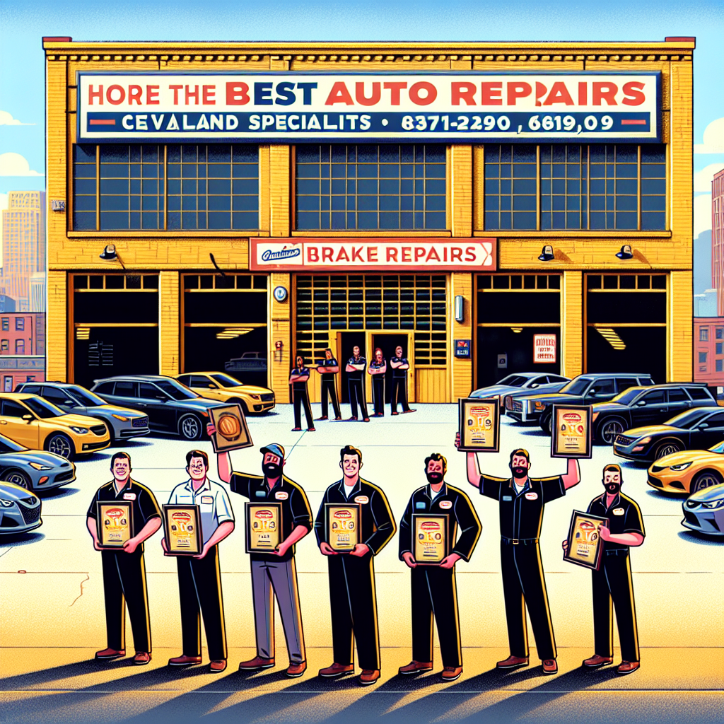 Cleveland Auto Repair shop front with staff showcasing awards for best auto repair services in Cleveland, Ohio, specializing in brake expertise.