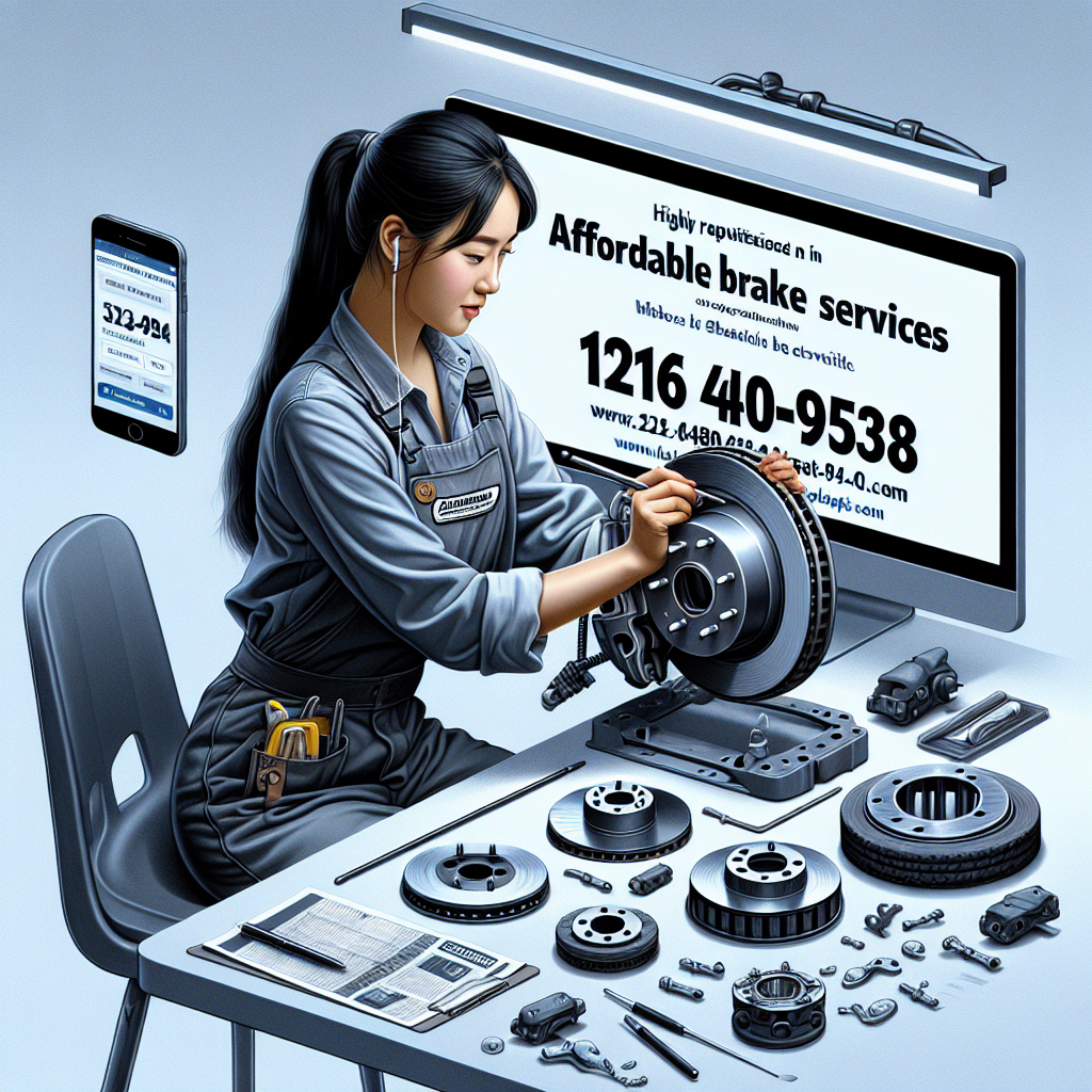"Advertisement for Cleveland Auto Repair, highlighting their top-rated, affordable brake services with contact details and website information."