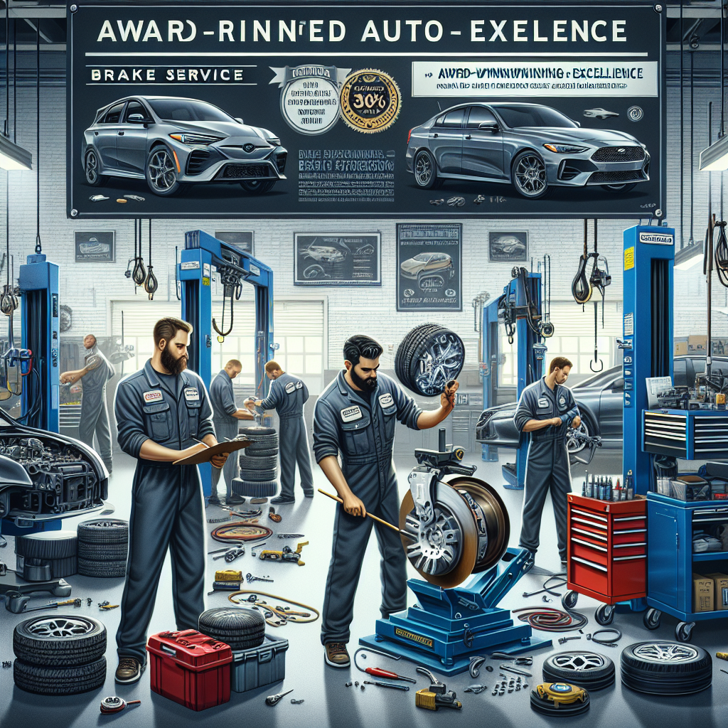 A sleek auto repair shop with technicians working diligently on brake services, showcasing the award-winning excellence of Cleveland Auto Repair in Ohio.