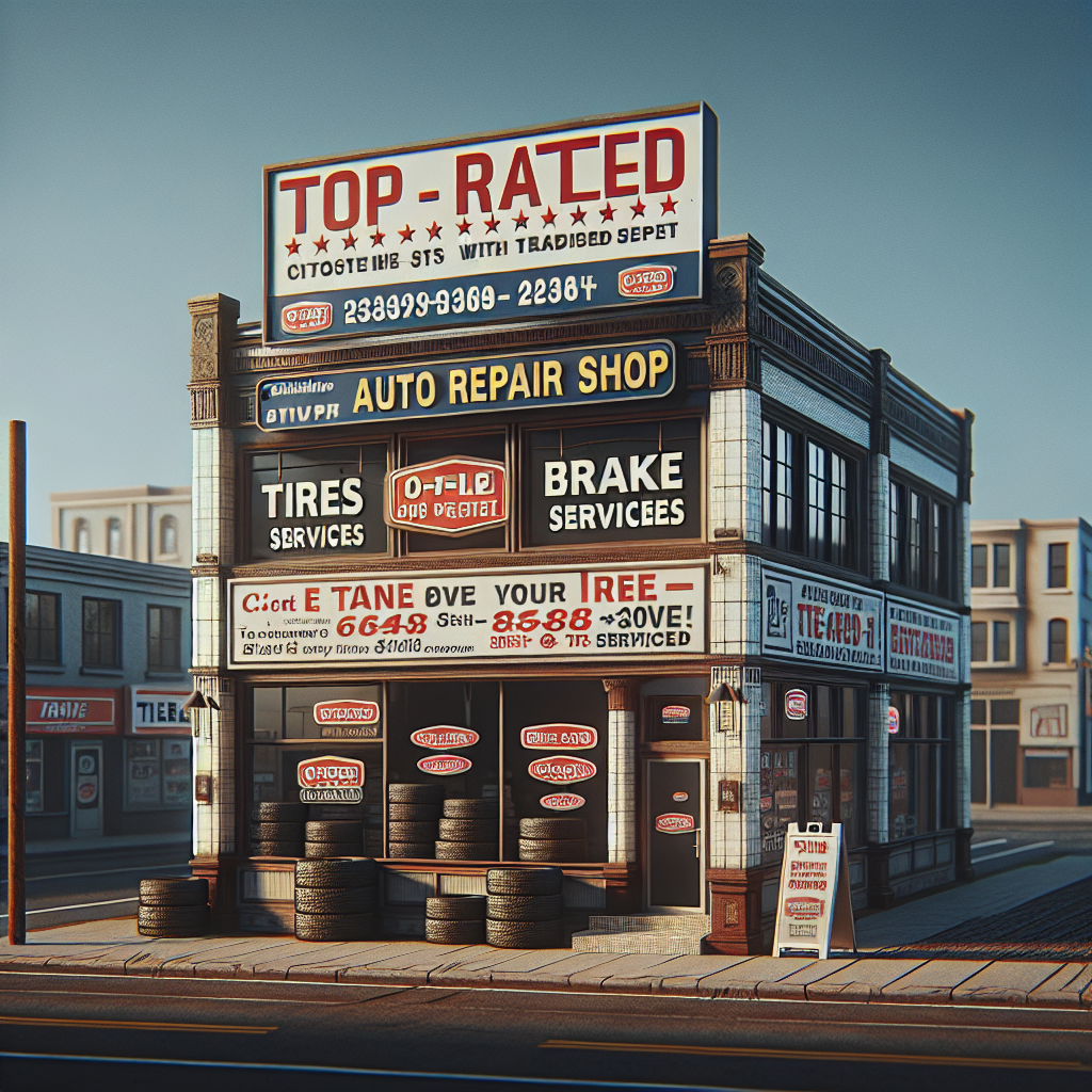 Cleveland Auto Repair shop with a banner highlighting its top-rated status for tire and brake services, featuring a contact number and website.