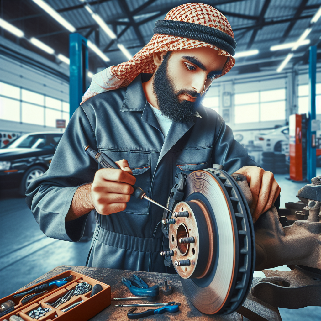 A mechanic in a garage working on a car's brake system, showcasing their expertise in brake rotor replacement.