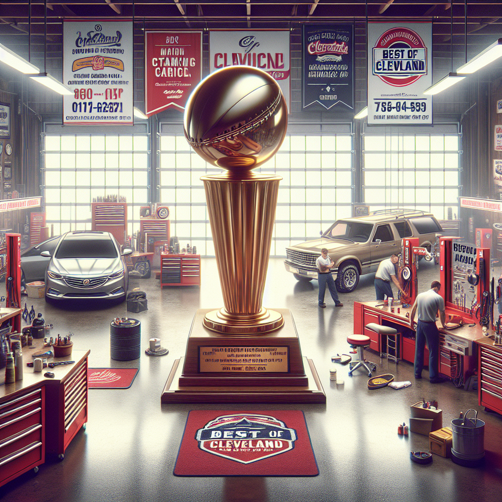 Cleveland Auto Repair shop showcasing its Best of Cleveland Award, inviting customers to schedule their award-winning tune-up by calling (216) 480-9538 or booking online.
