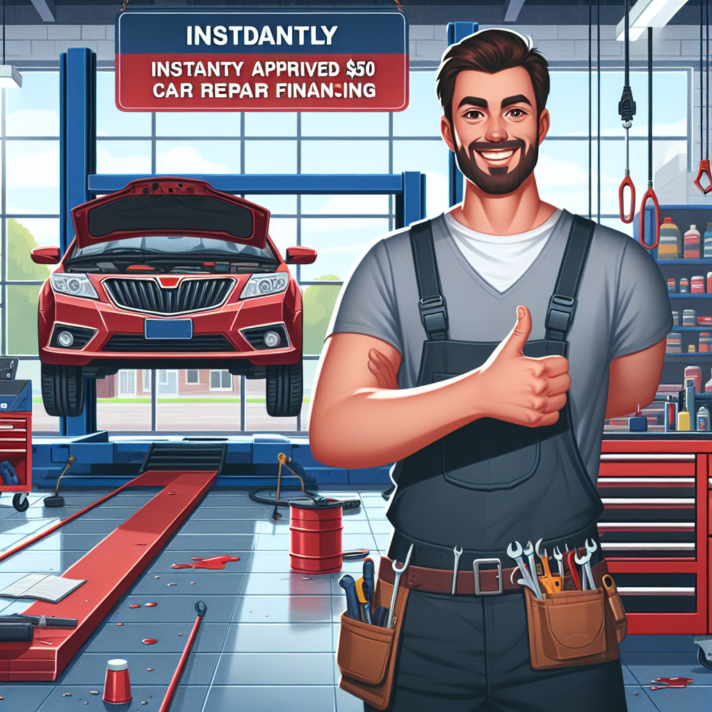 A cheerful mechanic in Cleveland, Ohio, offers a thumbs up while standing next to a car in a garage, promoting instant $50 car repair financing approval.
