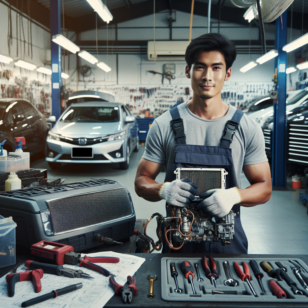 A mechanic skillfully repairing a car's air conditioning system in a well-equipped auto repair shop, showcasing expertise in handling various makes and models.