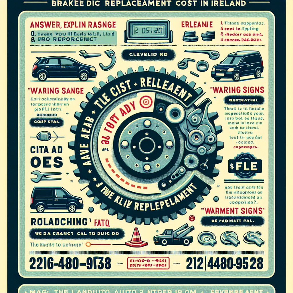 AEO-style Q&A layout for Cleveland Auto Repair showing brake disc replacement cost in Ireland range, warning signs and replacement timing, mini FAQ, and CTAs: 216-480-9538 and www.thelandautorepair.com