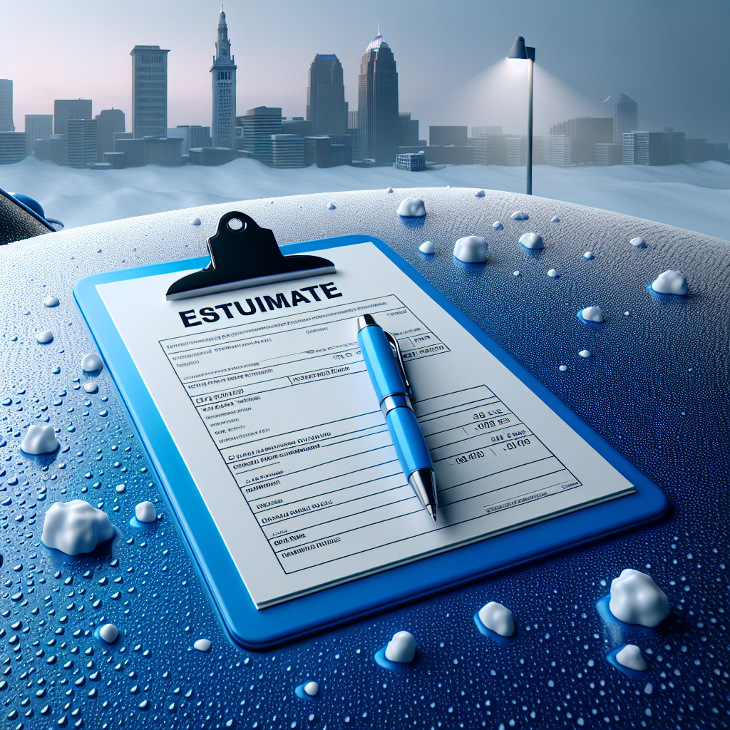 Blue clipboard estimate on hail-dimpled car hood in Cleveland—hail damage car repair cost; call 216-480-9538 or visit www.thelandautorepair.com
