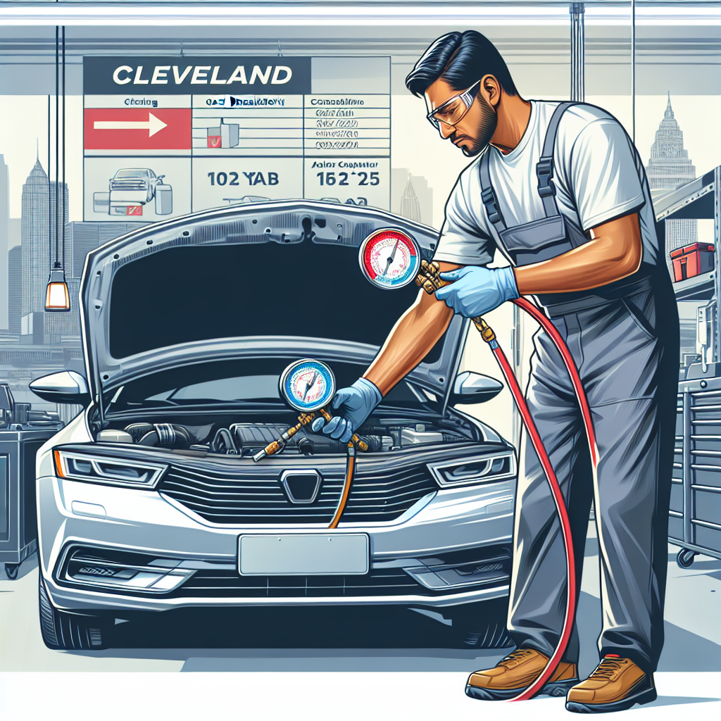Cleveland car air conditioner repair cost breakdown: mechanic using a manifold gauge test—call 216-480-9538 or visit www.thelandautorepair.com