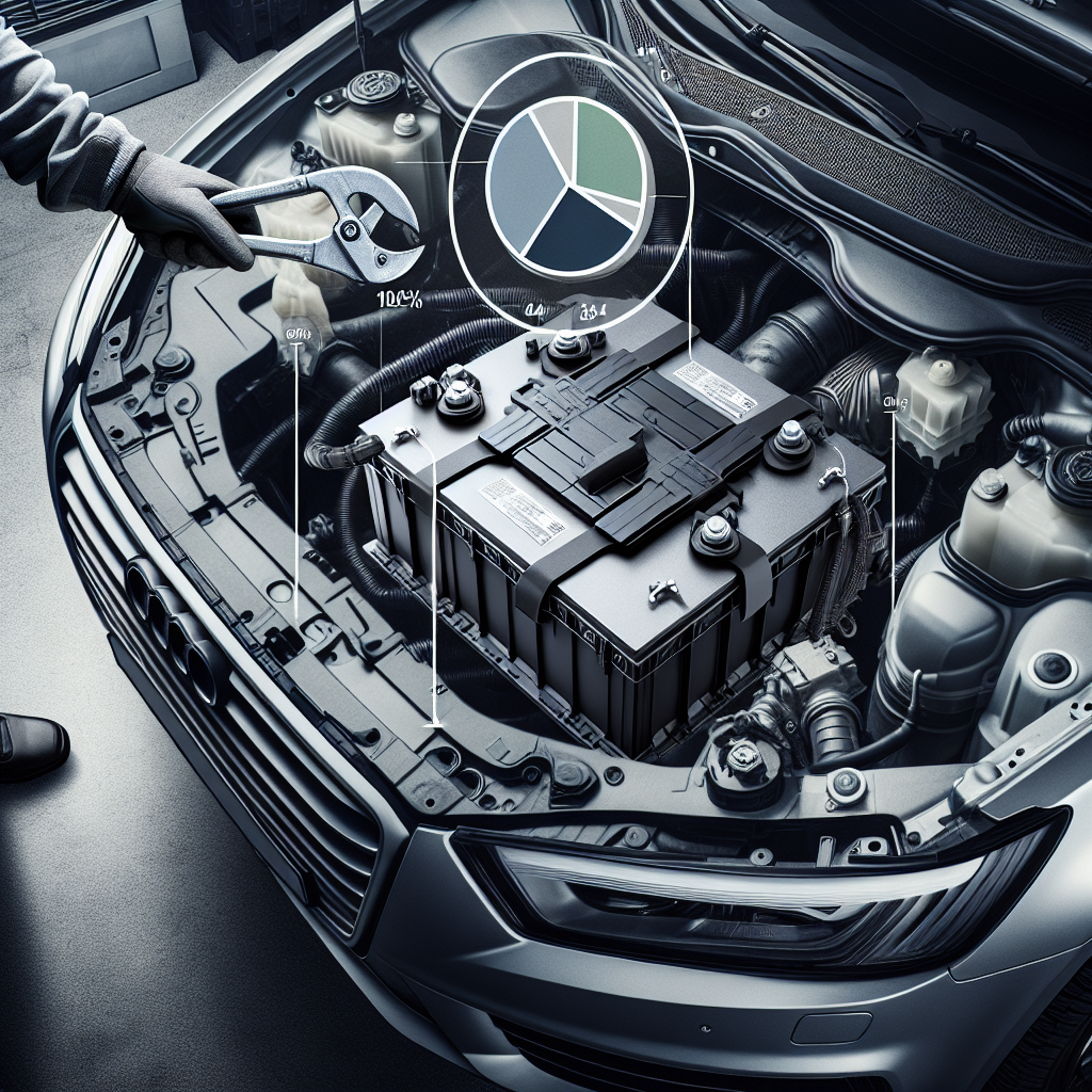 Cleveland Audi Q5 battery clamp close-up with labor-versus-parts pie chart illustrating audi q5 battery replacement cost.