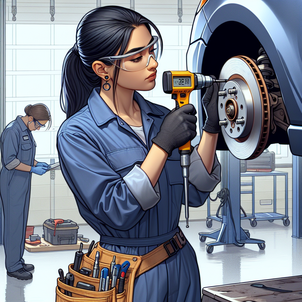 Cleveland shop technician measuring Honda Fit brake rotor thickness with a micrometer during a brake service inspection