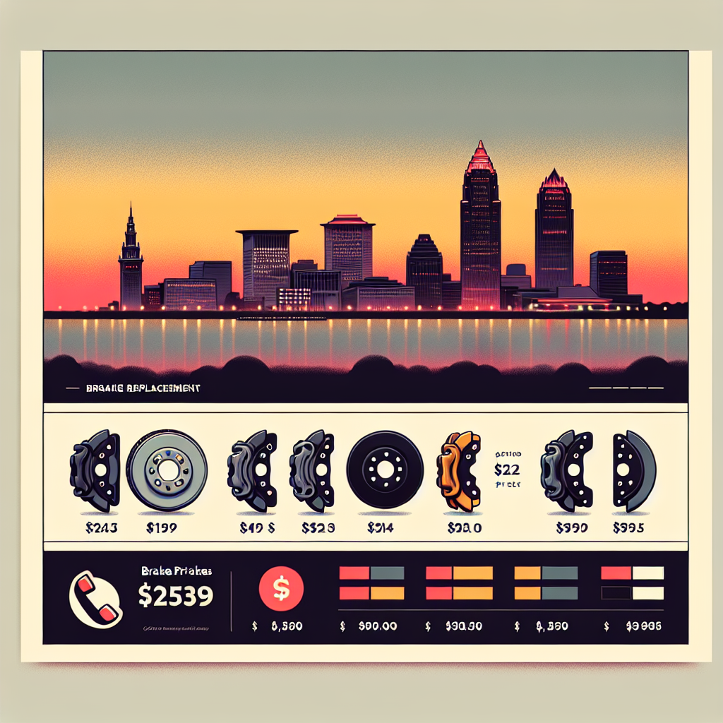 Cleveland Auto Repair skyline header with brake replacement price chart; call 216-480-9538 or visit www.thelandautorepair.com