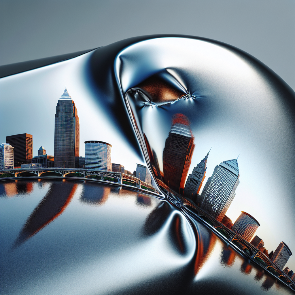 Dented car fender reflecting the Cleveland skyline—get an instant body shop repair estimate.