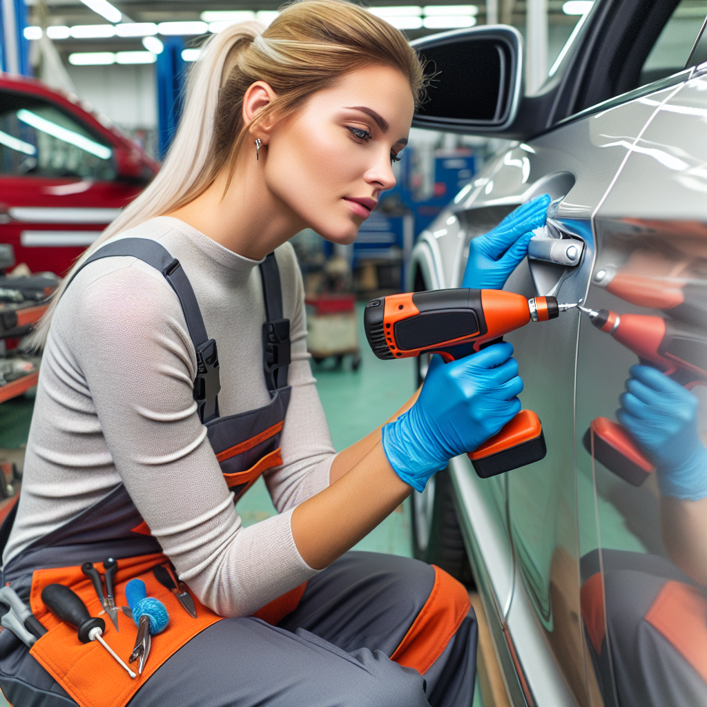PDR technician pricing a quarter‑sized door dent—car dent repair cost estimate at The Land Auto Repair in Cleveland, Ohio.