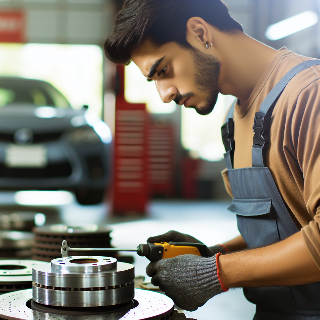 Mechanic measuring rotor thickness—Cleveland brake replacement quote; call 216-480-9538 or visit thelandautorepair.com