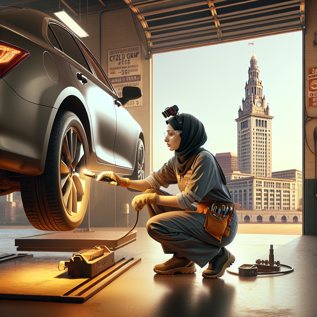 The Land Auto Repair tech servicing car, checking brake pads by Cleveland’s Terminal Tower.