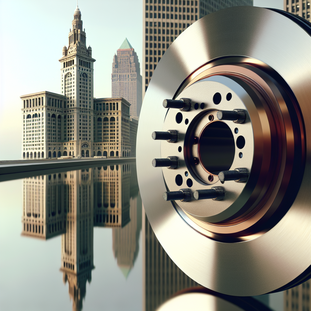 Terminal Tower reflected in a new brake rotor in Cleveland; brake replacement cost near me; call 216-480-9538.