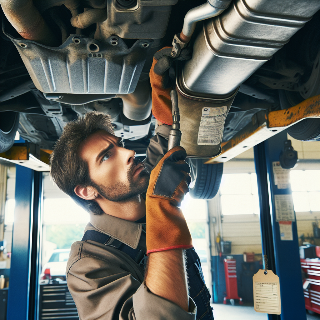 Mechanic under lift with muffler and price tag — Cleveland exhaust system repair cost at The Land Auto Repair; 216-480-9538, thelandautorepair.com