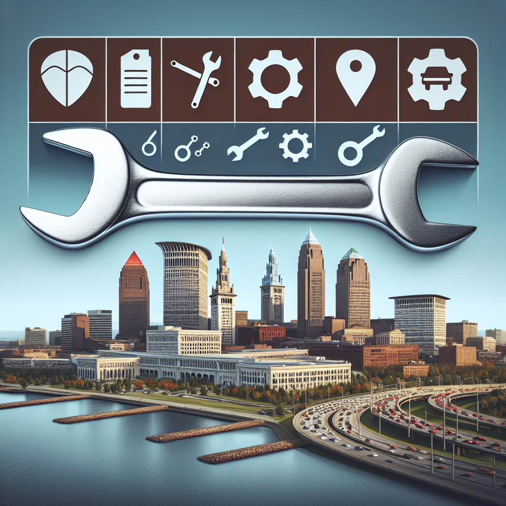 Silver wrench over Cleveland's Terminal Tower with cost & symptom strip; fair price auto repair, call 216-480-9538.